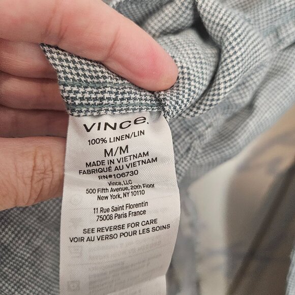 Vince Button Down Shirt Medium Houndstooth 100% Linen Long Sleeve Classic Fit - Picture 4 of 8